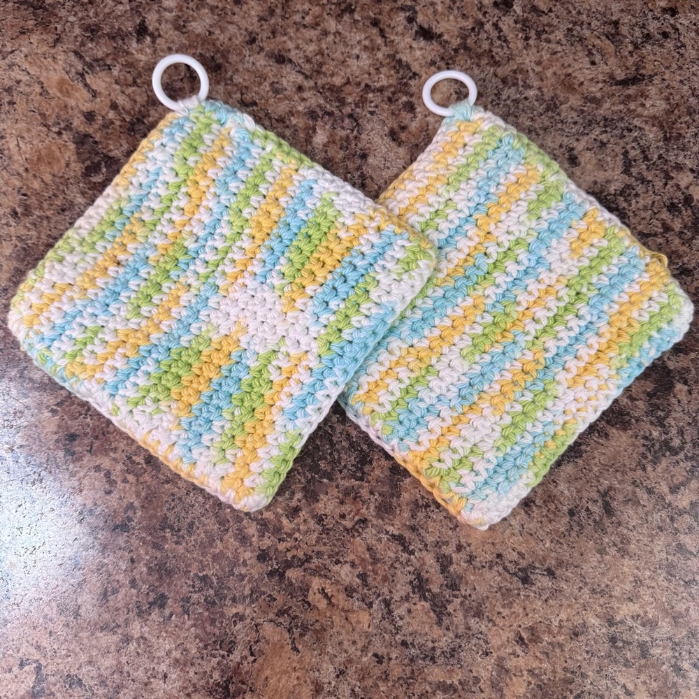 2 New Handmade Crochet Pot Holders Multi-Coloured